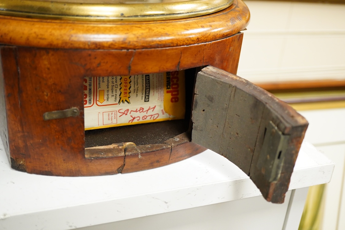 A Victorian wall dial clock case, lacking movement, 37cm in diameter